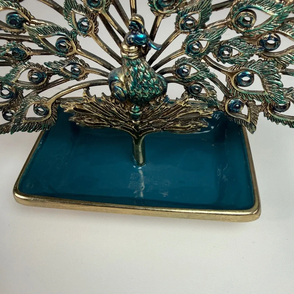 Peacock‎ Jewelry Holder Trinket Dish Teal Gold Metal Decorative Vanity Display